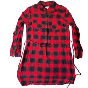 Merona Women’s Shirt Dress size L Long Sleeve Button Up Collar Plaid Red Black